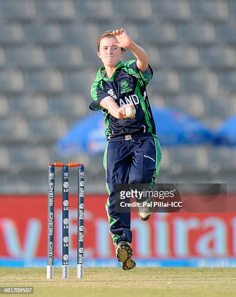 Lucy O'Reilly of Ireland bowls during the ICC Women's World Twenty20 match between Pakistan Women and Ireland Women played at Sylhet International...