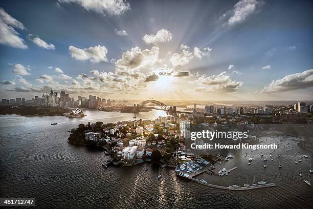 aeriall view of sydney harbour at sunset - porto di sydney foto e immagini stock