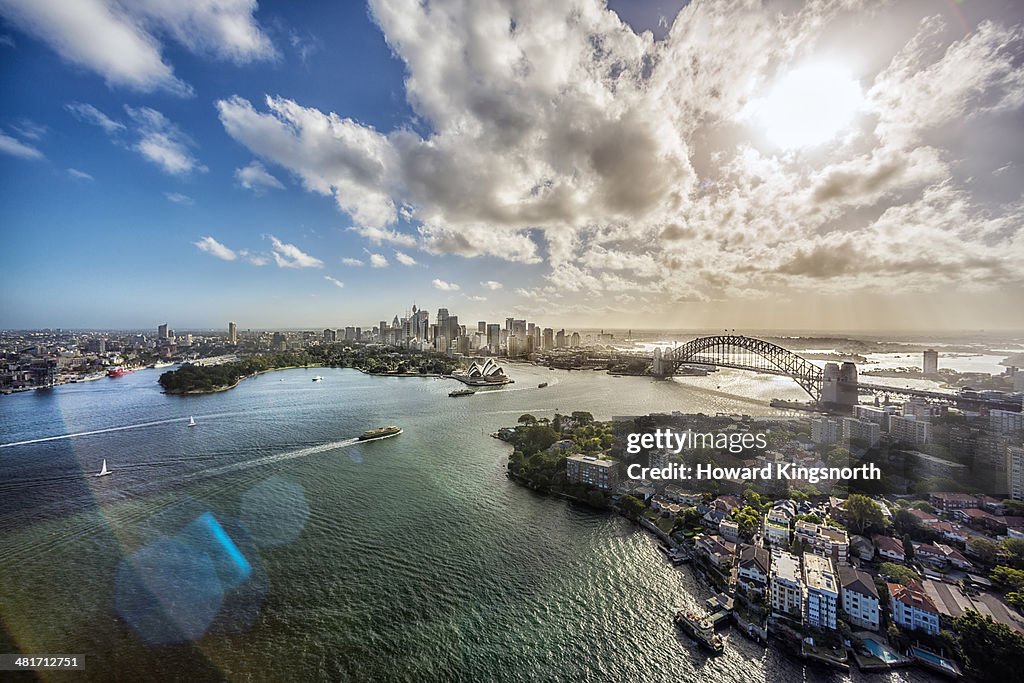 Aeriall view of Sydney Harbour at sunset