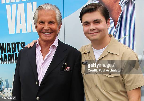 Actor George Hamilton and his Son George Thomas Hamilton attend the E! Channel's "Tan Man's Van" photo op at The Grove on July 23, 2015 in Los...