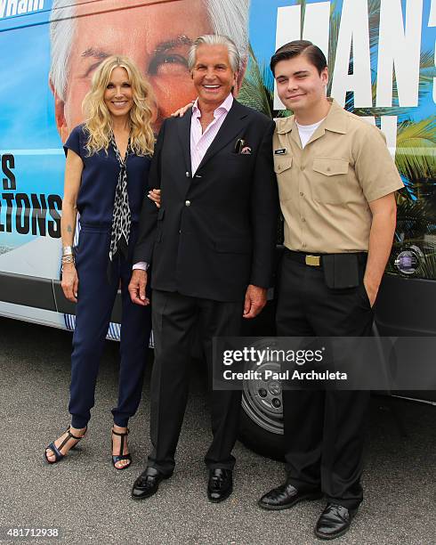 Alana Stewart, George Hamilton and George Thomas Hamilton attend the E! Channel's "Tan Man's Van" photo op at The Grove on July 23, 2015 in Los...
