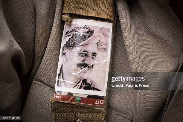 Picture of Dr. A. R. Ghassemlou on a weapon sling of a Peshmerga. Dr. Ghassembou is one of the prominent leaders of the Kurdish nation, who was...