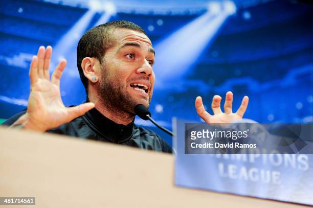Dani Alves of FC Barcelona faces the media during a press conference ahead the UEFA Champions League Quarter Final first leg match against Atletico...