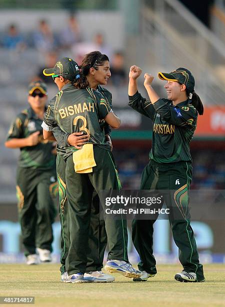 Asmavia Iqbal of Pakistan celebrates the wicket of Mary Waldron of Ireland during the ICC Women's World Twenty20 match between Pakistan Women and...