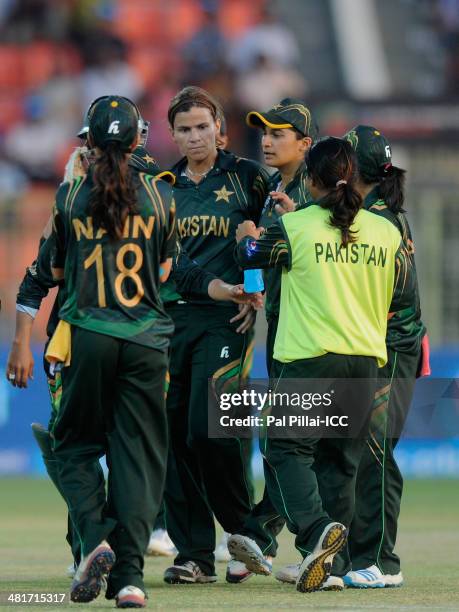 Qanita Jalil of Pakistan celebrates the wicket of Clare Shallington of Ireland during the ICC Women's World Twenty20 match between Pakistan Women and...