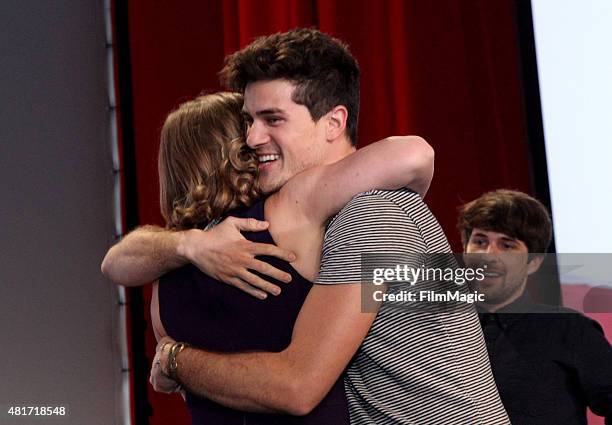 Susan Wojcicki, CEO of YouTube presents Smosh with the Diamond Award for achieving over 10 million subscribers at #VidCon at Anaheim Convention...