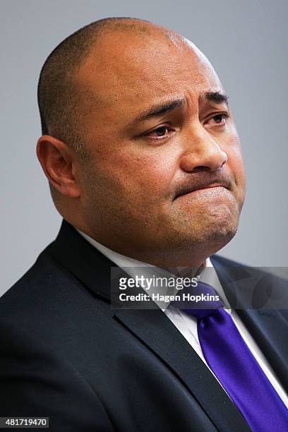 Minister of Corrections Peseta Sam Lotu-Iiga speaks to the media at the Beehive on July 24, 2015 in Wellington, New Zealand. Smith is considering...
