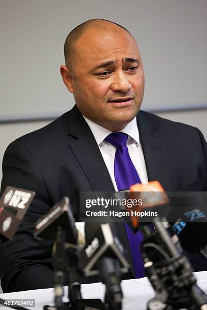 Minister of Corrections Peseta Sam Lotu-Iiga speaks to the media at the Beehive on July 24, 2015 in Wellington, New Zealand. Smith is considering...