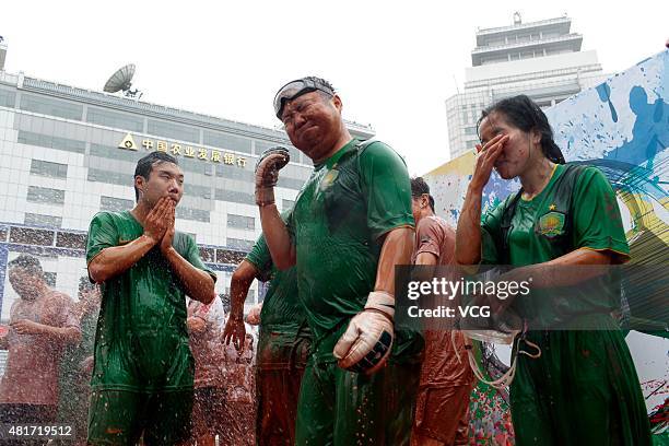 Players in action during a game of 2015 Swamp Soccer China at Yuetan gymnasium on July 23, 2015 in Beijing, China. Thirty-two teams take part in 2015...