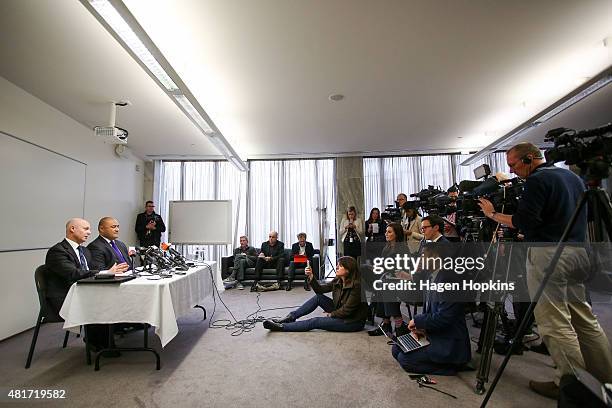 Corrections Chief Executive Ray Smith speaks to the media while Minister of Corrections Peseta Sam Lotu-Iiga looks on at the Beehive on July 24, 2015...