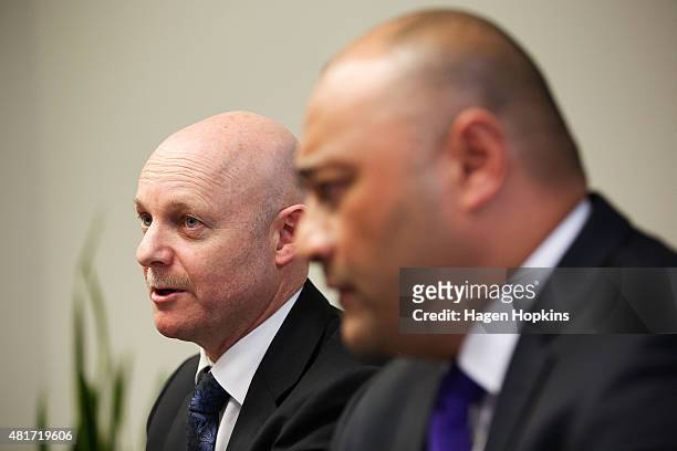 Corrections Chief Executive Ray Smith speaks to the media while Minister of Corrections Peseta Sam Lotu-Iiga looks on at the Beehive on July 24, 2015...