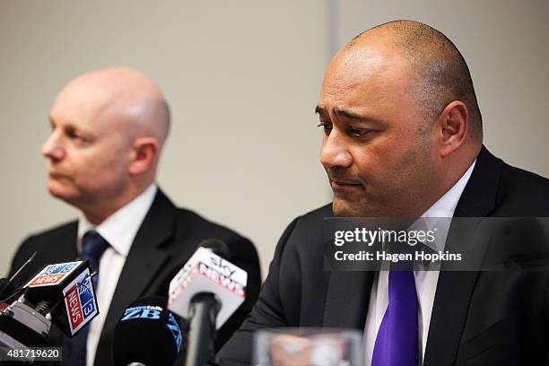 Minister of Corrections Peseta Sam Lotu-Iiga speaks to media while Corrections Chief Executive Ray Smith looks on at the Beehive on July 24, 2015 in...