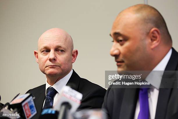Minister of Corrections Peseta Sam Lotu-Iiga speaks to media while Corrections Chief Executive Ray Smith looks on at the Beehive on July 24, 2015 in...