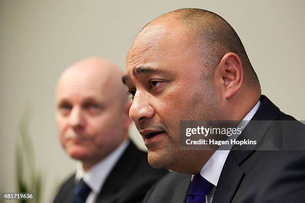 Minister of Corrections Peseta Sam Lotu-Iiga speaks to media while Corrections Chief Executive Ray Smith looks on at the Beehive on July 24, 2015 in...