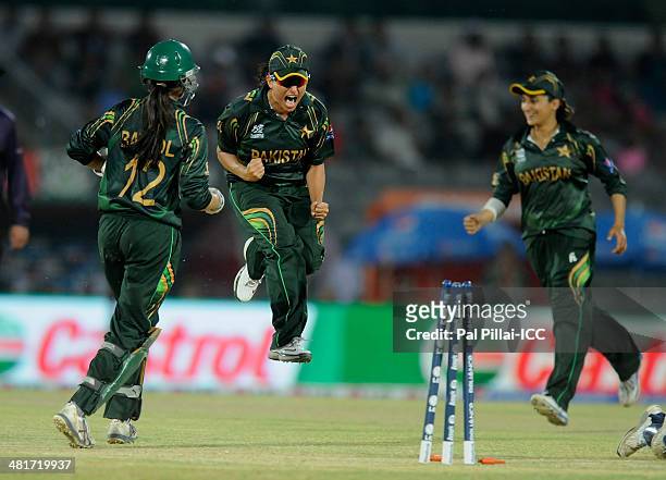 Sana Mir captain of Pakistan celebrates the wicket of Louise McCarthy of Ireland during the ICC Women's World Twenty20 match between Pakistan Women...