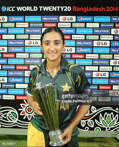 Bismah Maroof of Pakistan poses with the player of the match award during the presentation after the ICC Women's World Twenty20 match between...