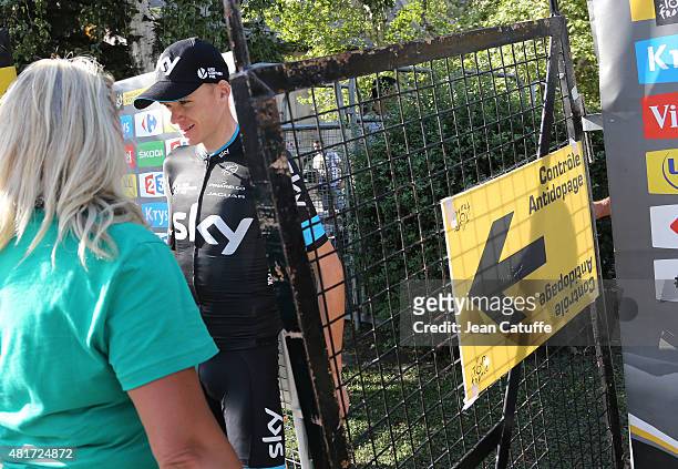 Chris Froome of Great Britain and Team Sky leaves the caravan where he passed an anti-doping test following stage eighteenth of the 2015 Tour de...