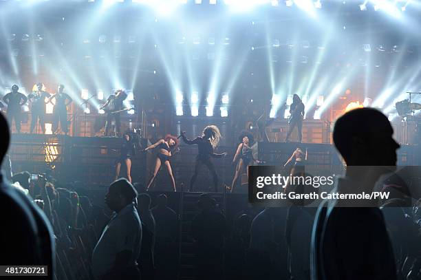 Entertainer Beyonce performs on stage during "The Mrs. Carter Show World Tour" at the O2 Arena on March 6, 2014 in London, England.