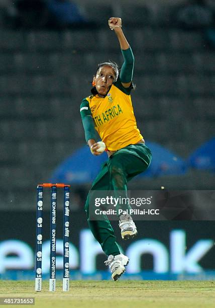 Shabnim Ismail of South Africa bowls during the ICC Women's World Twenty20 match between New Zealand Women and South Africa Women at Sylhet...