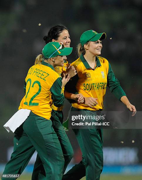 MariZanne Kapp of South Africa celebrates the wicket of Sophie Devine of New Zealand during the ICC Women's World Twenty20 match between New Zealand...