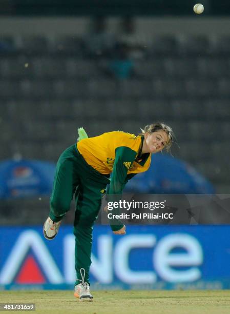 Dane Van Niekerk of South Africa bowls during the ICC Women's World Twenty20 match between New Zealand Women and South Africa Women at Sylhet...