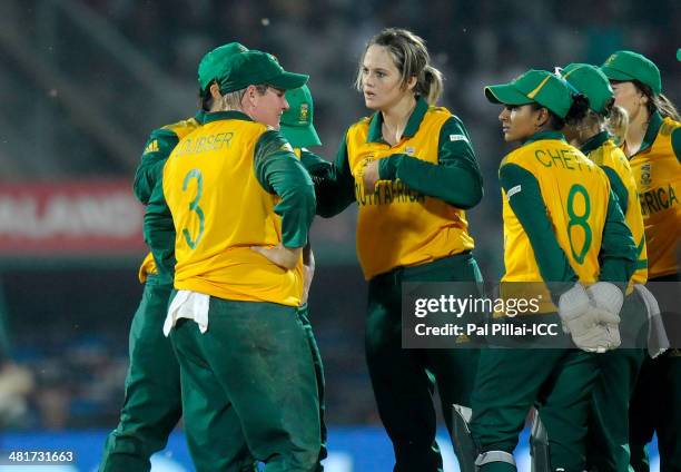 Dane Van Niekerk of South Africa celebrates the wicket of Katie Perkins of New Zealand during the ICC Women's World Twenty20 match between New...