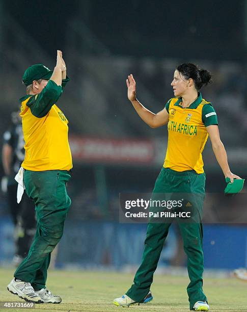 MariZanne Kapp of South Africa celebrates the wicket of Frankie Mackay of New Zealand during the ICC Women's World Twenty20 match between New Zealand...