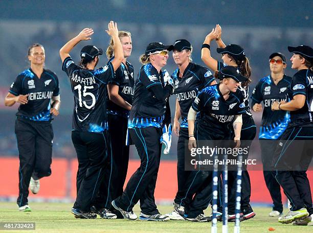 Morna Nielsen of New Zealand celebrates the wicket of Lizelle Lee of South Africa during the ICC Women's World Twenty20 match between New Zealand...