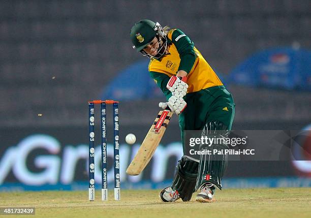 Dane Van Niekerk of South Africa bats during the ICC Women's World Twenty20 match between New Zealand Women and South Africa Women played at Sylhet...