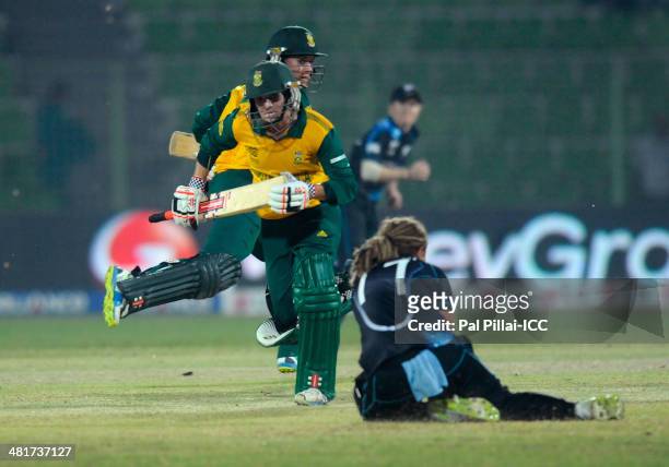 Mignon Du Preez captain of South Africa and Marizanne Kapp of South Africa run between the wickets during the ICC Women's World Twenty20 match...