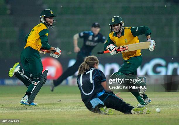 Mignon Du Preez captain of South Africa and Marizanne Kapp of South Africa run between the wickets during the ICC Women's World Twenty20 match...