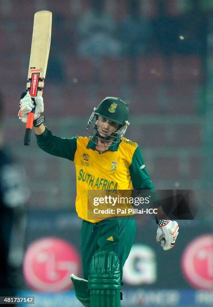 Mignon Du Preez captain of South Africa acknowledges teammates after scoring a half century during the ICC Women's World Twenty20 match between New...