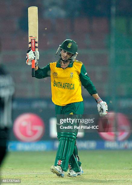 Mignon Du Preez captain of South Africa acknowledges teammates after scoring a half century during the ICC Women's World Twenty20 match between New...