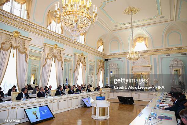 President Joseph S. Blatter opens the Russia 2018 FIFA World Cup Organising Committee Meeting alongside Senior Vice President Issa Hayatou, Vice...