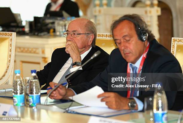 President Joseph S. Blatter looks on during the Russia 2018 FIFA World Cup Organising Committee Meeting alongside Vice President Michel Platini at...