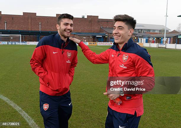 Jon Toral and Hector Bellerin of Arsenal check out the pitch before the match between Bolton Wanderers U21 and Arsenal U21 in the Barclays Premier...