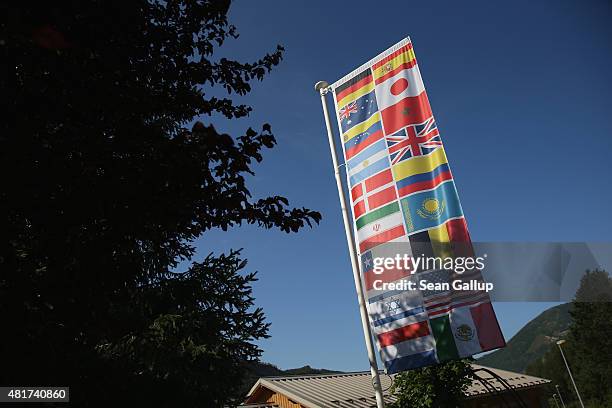 Banner showing the flags of the nations of origin of the 150 victims of Germanwings flight 4U9525 that crashed on March 24, killing all 150 people on...