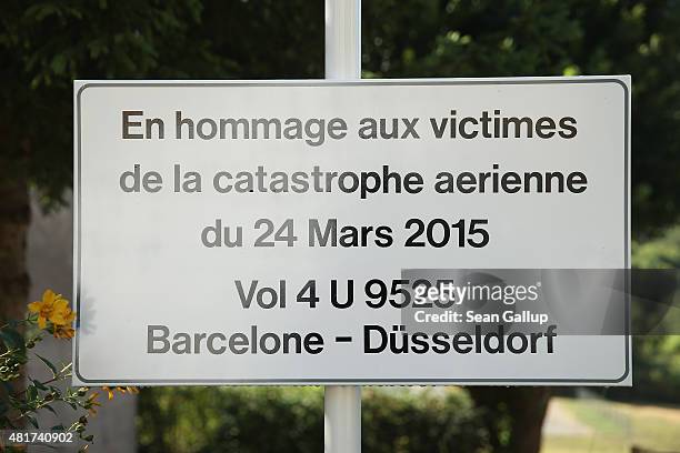 Plaque commemorating the victims of Germanwings flight 4U9525 that crashed on March 24, killing all 150 people on board, stands on the same day that...