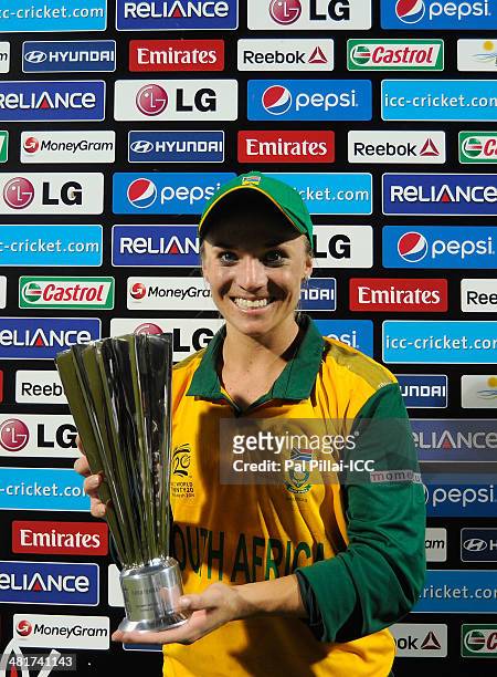 Mignon Du Preez captain of South Africa poses with the player of the match award during the presentation after the ICC Women's World Twenty20 match...