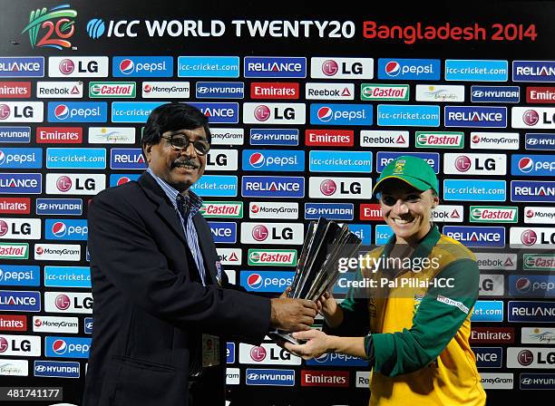 Mignon Du Preez captain of South Africa receives the player of the match award during the presentation after the ICC Women's World Twenty20 match...