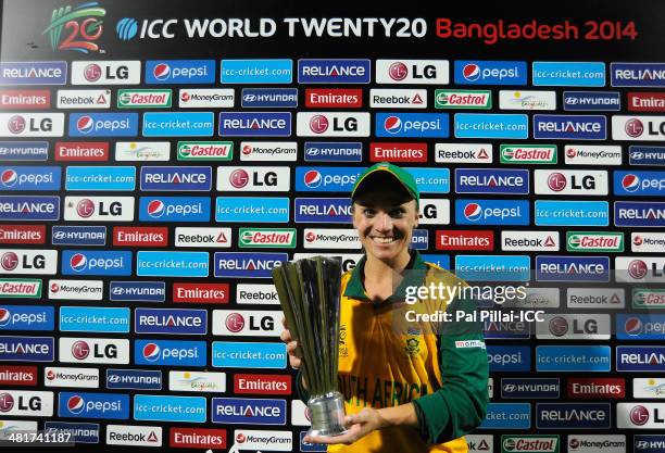 Mignon Du Preez captain of South Africa poses with the player of the match award during the presentation after the ICC Women's World Twenty20 match...