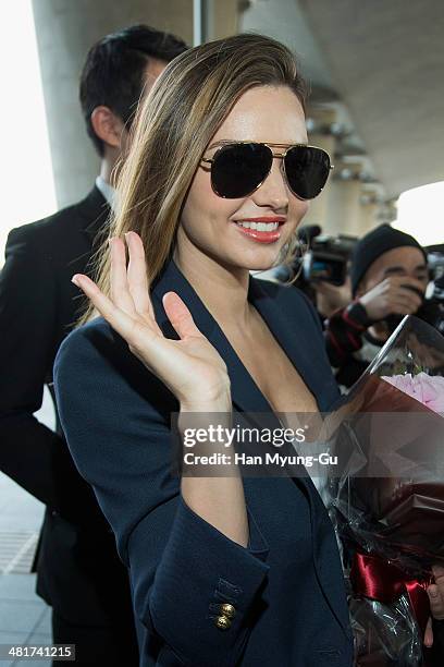 Model Miranda Kerr is seen upon arrival at Incheon International Airport on March 31, 2014 in Incheon, South Korea.