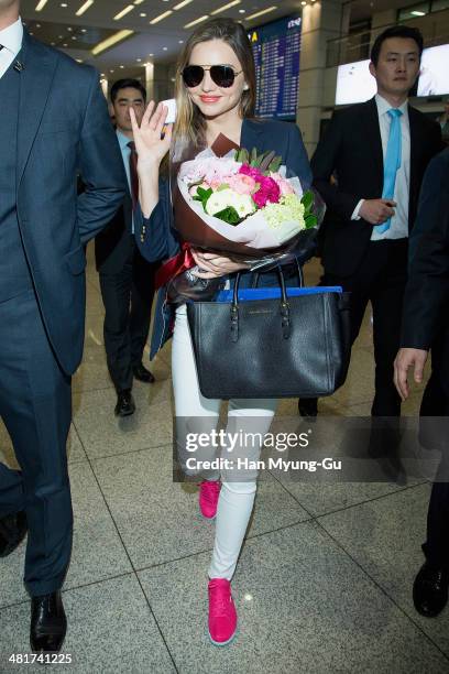 Model Miranda Kerr is seen upon arrival at Incheon International Airport on March 31, 2014 in Incheon, South Korea.