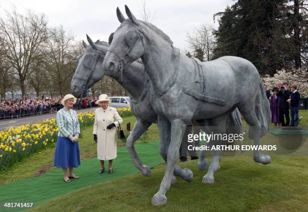 Britain's Queen Elizabeth II officially unveils the Windsor Greys statue in Windsor on March 31, 2014. The statue marks 60 years of the queen's...
