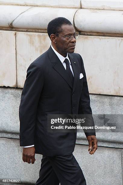 Guinea Equatorial's President Teodoro Obiang Nguema Mbasogo arrives for the state funeral ceremony for former Spanish prime minister Adolfo Suarez at...