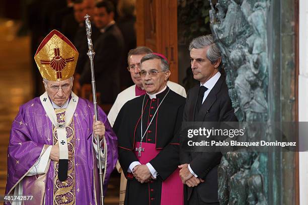 Adolfo Suarez Illana and Archbishop of Madrid Rouco Varela stand before the state funeral for former Spanish prime minister Adolfo Suarez at the...