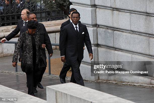 Guinea Equatorial's President Teodoro Obiang Nguema Mbasogo arrives for the state funeral ceremony for former Spanish prime minister Adolfo Suarez at...