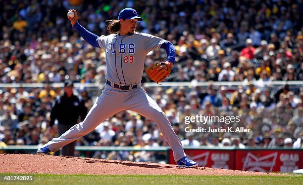 Jeff Samardzija of the Chicago Cubs pitches in the first inning against the Pittsburgh Pirates during Opening Day at PNC Park on March 31, 2014 in...