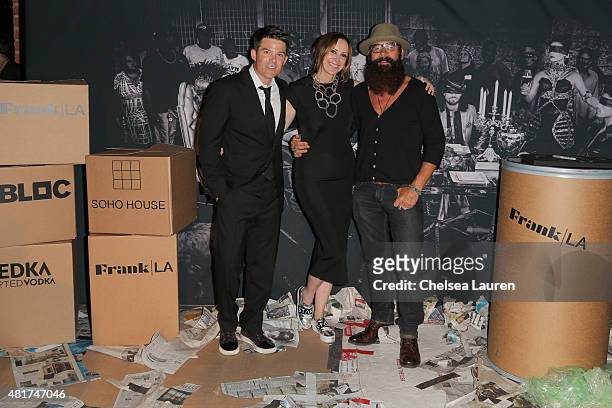 Co-founder of Frank LA Patrick Gill, founder & CEO of Frank LA Alison Miller and Frank LA photographer Bode Helm arrive at the Frank LA Issue release...