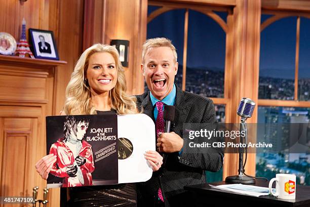 George Gray and Rachel Reynolds promote musical guest Joan Jett when Drew Carey takes over as host of THE LATE LATE SHOW for April Fools' Day,...